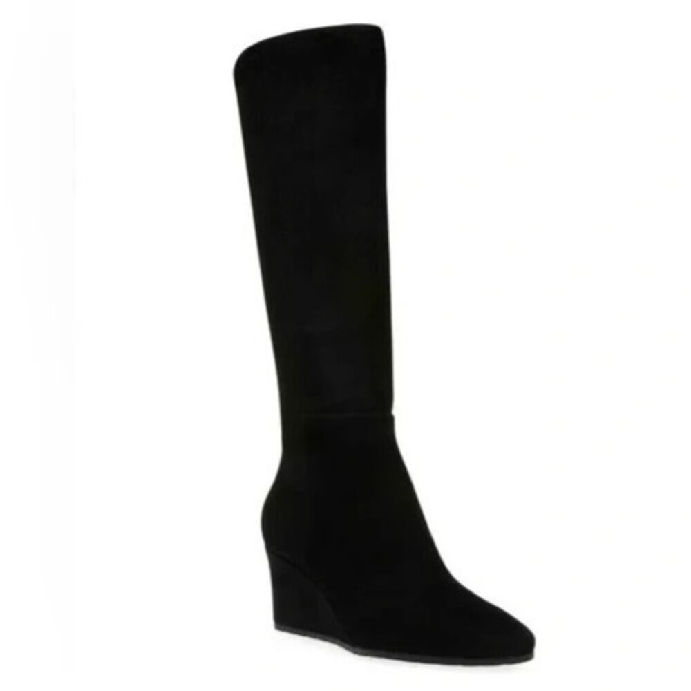 Anne Klein Valonia Bootie Women 8 Black Suede Wedge Heel Knee High Boots LION817